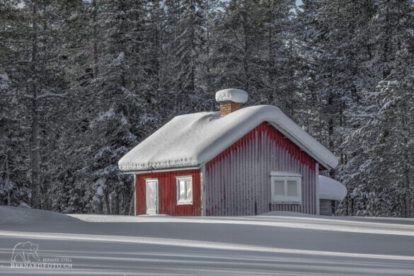Verschneites finnisches Haus am Waldrand